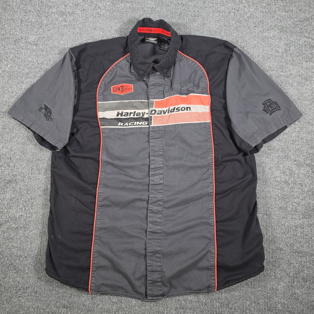 Harley-Davidson Racing Mens Large Black Grey Short Sleeve Button Up 96172-16VM